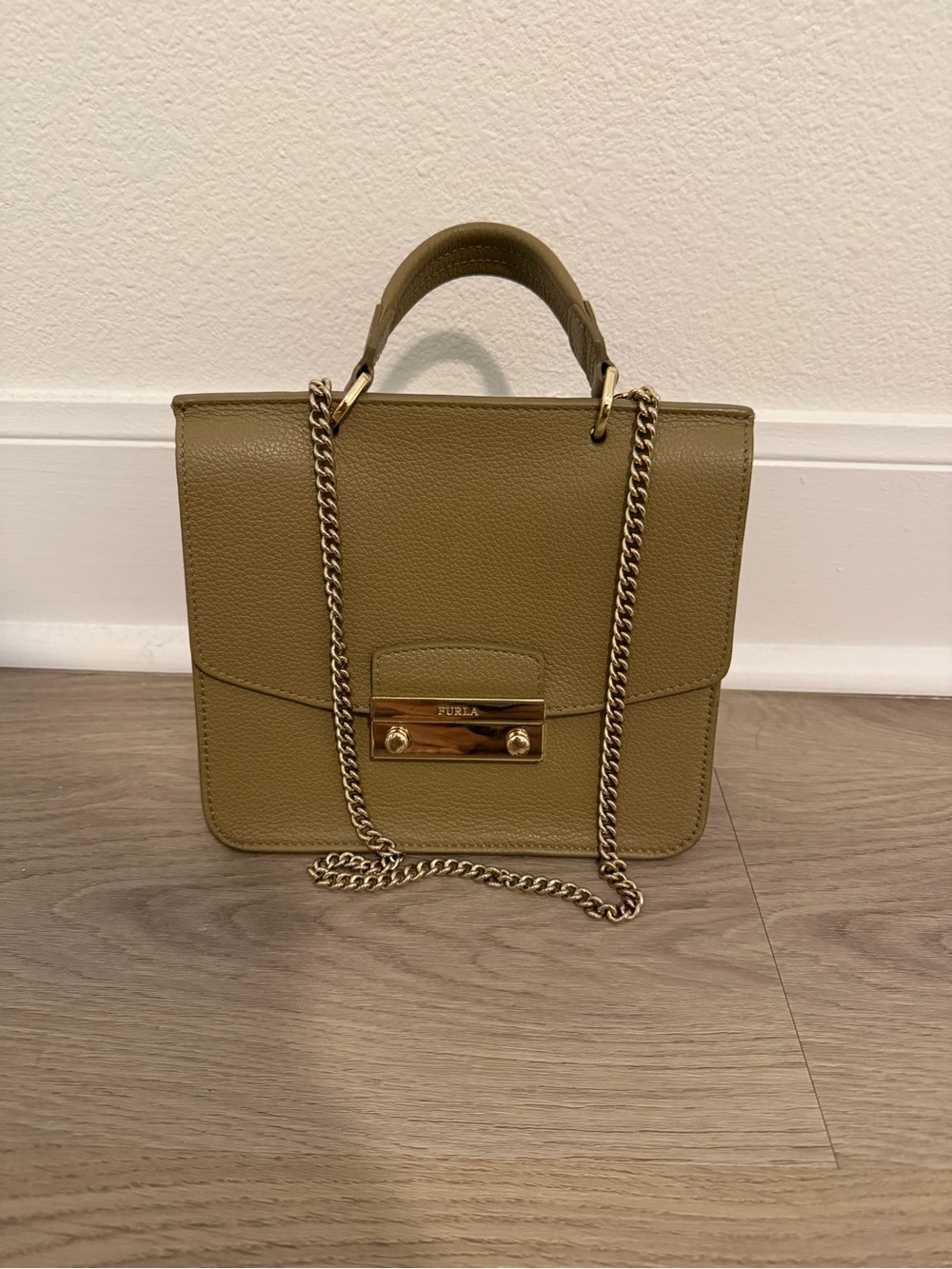 Furla Olive Green Leather Satchel with Gold Chain